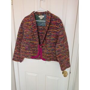 Sandy Starkman‎ Colorful Woven Jacket Pockets Unique Design L Boho 100% Cotton